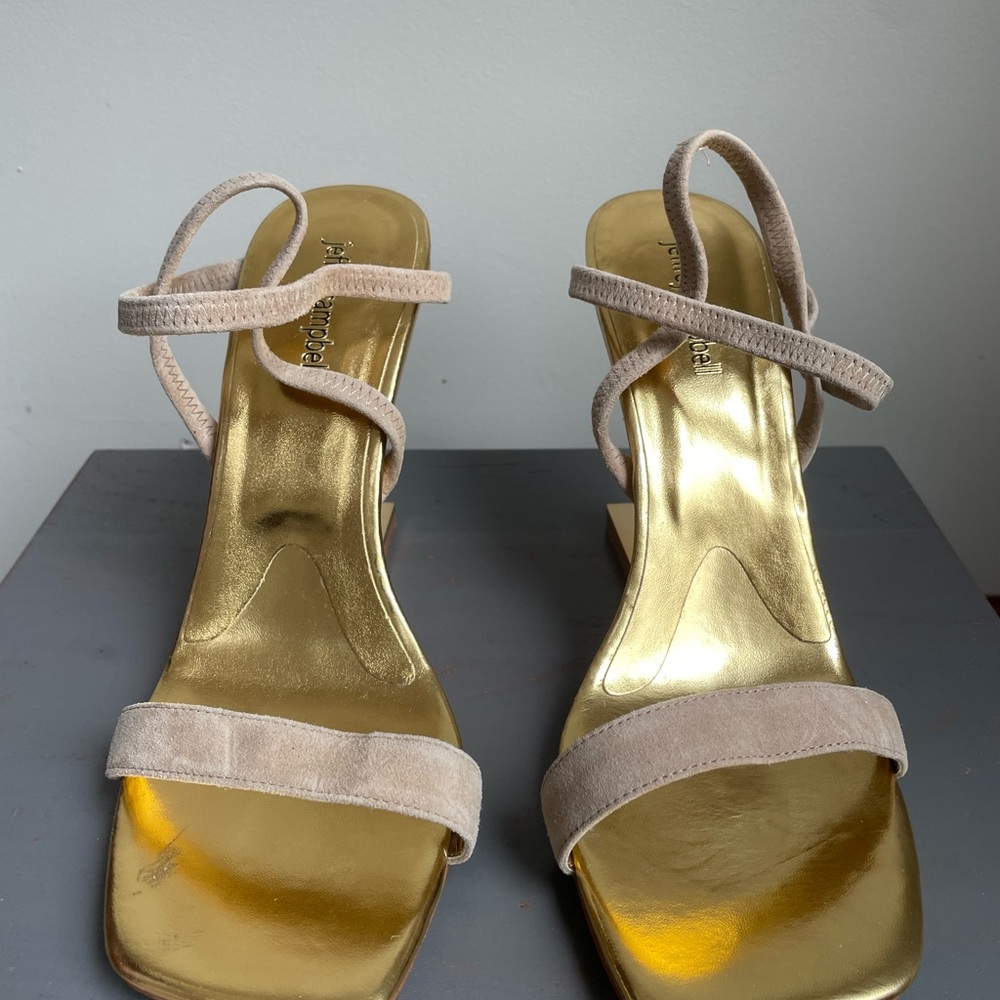 JEFFREY CAMPBELL Women Geometric Heel Metallic Gold Sandals - NEW NWOB